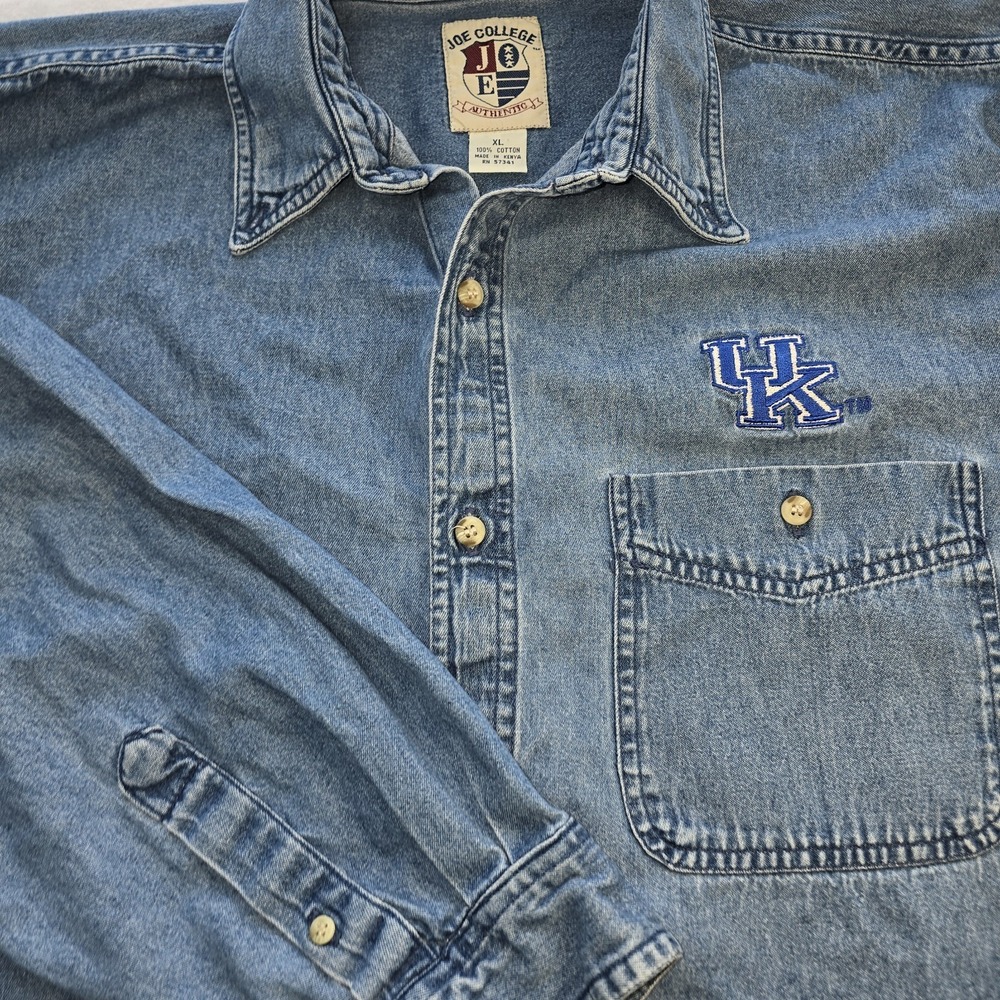 Vintage Kentucky Wildcats Joe College Denim Shirt Mens XL Blue Button Up 90s UK